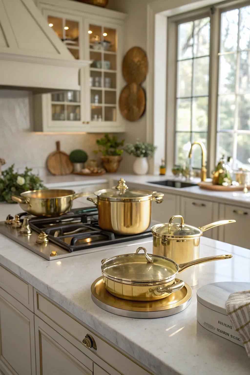 Gold trimmed cookware serves as both a visual and functional item.