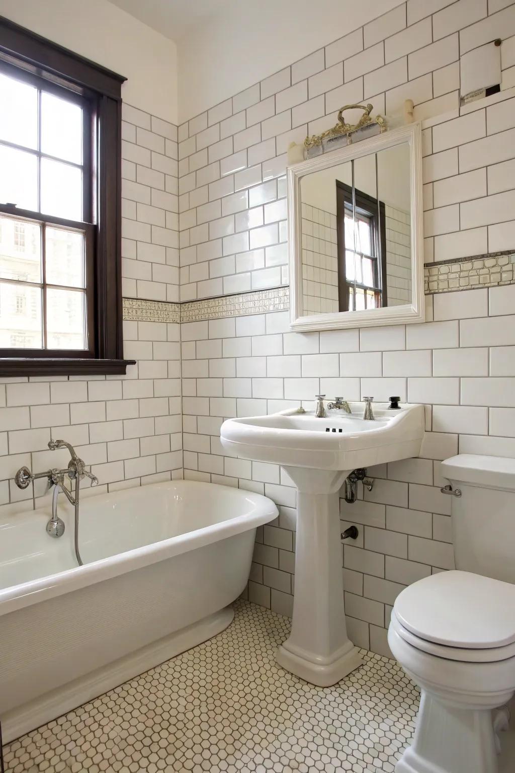 Time-honored highlights inject a charming element to white tiles.