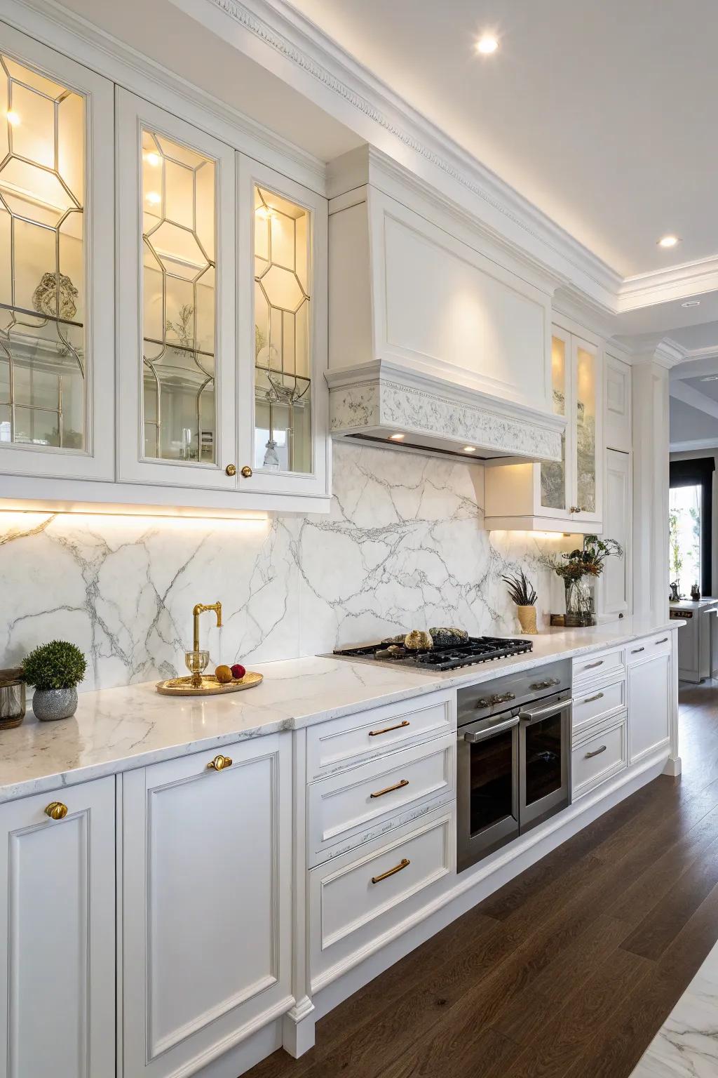 White stone slabs providing timeless elegance to white cabinets.