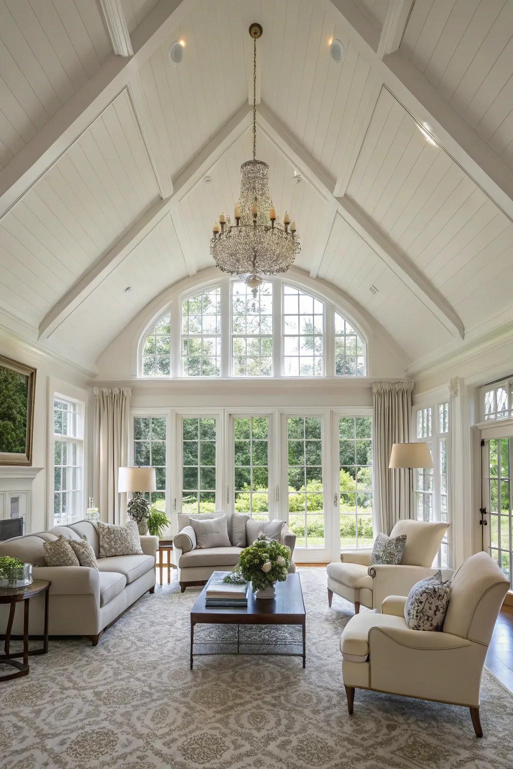 A living space featuring an arched white ceiling, delivering a sense of grandeur and openness.