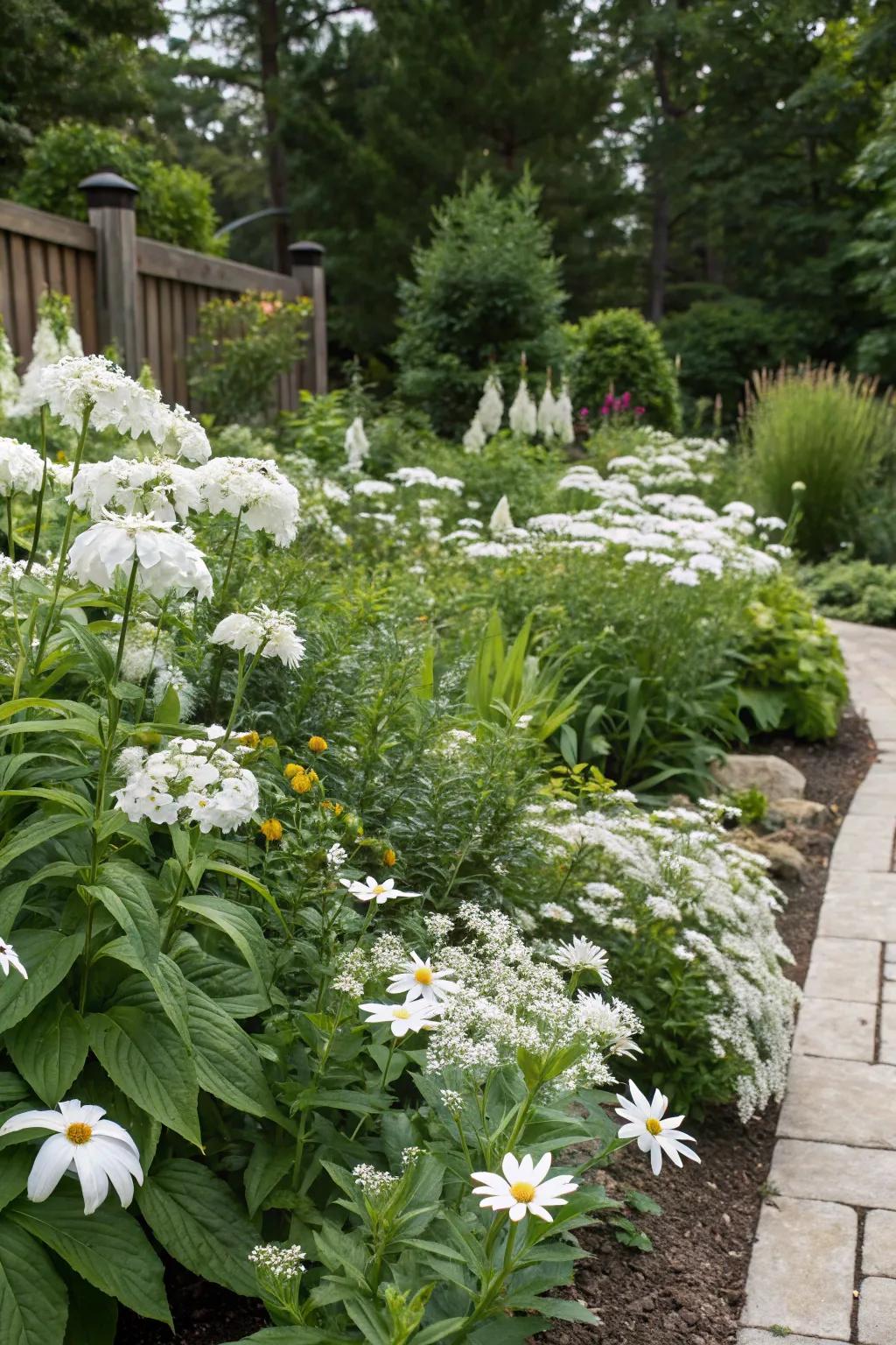 A mix of alabaster evergreens ensures ongoing garden interest.