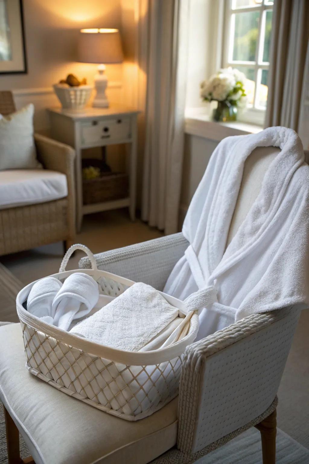 A tranquility getaway white gift basket, your ticket to unwinding bliss.