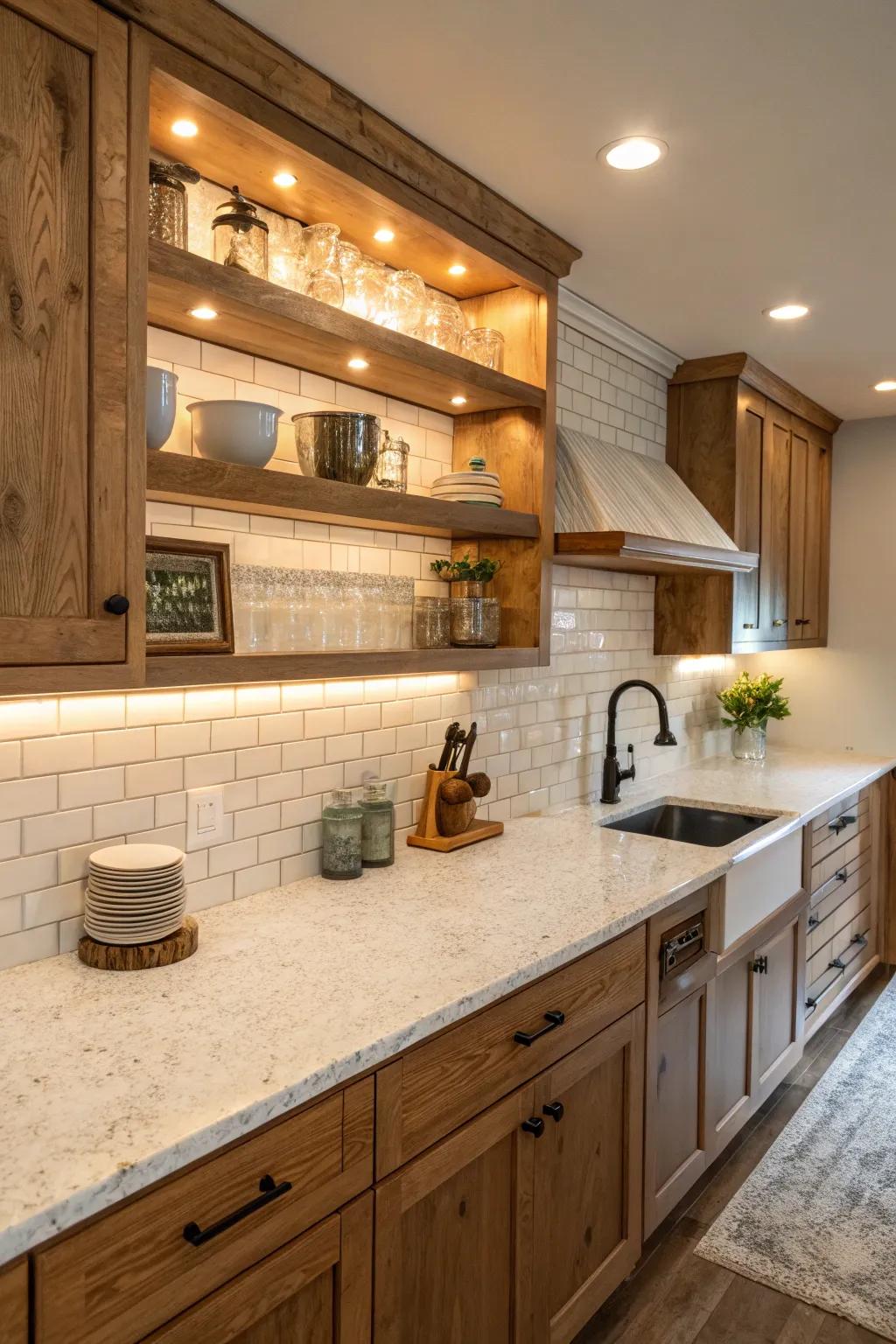 Wooden elements include comfort for sleekness from the white ice granite.