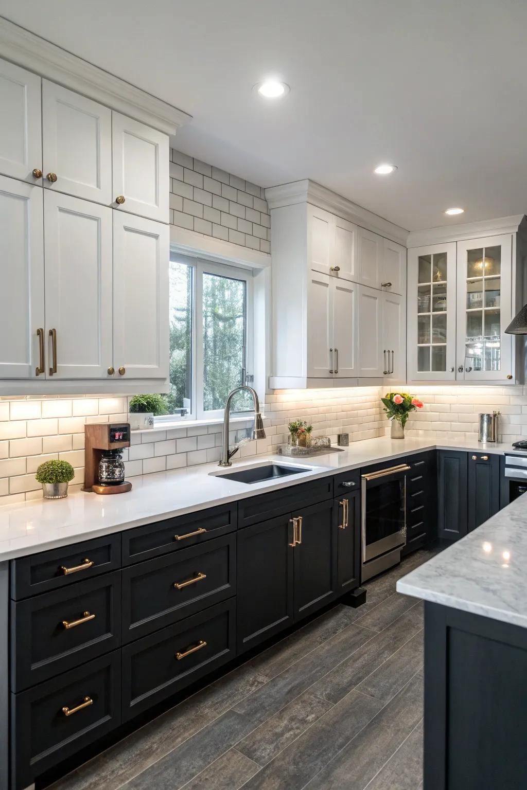 Two-tone cabinetry adds a grounded feel and extra depth to the bright kitchen.