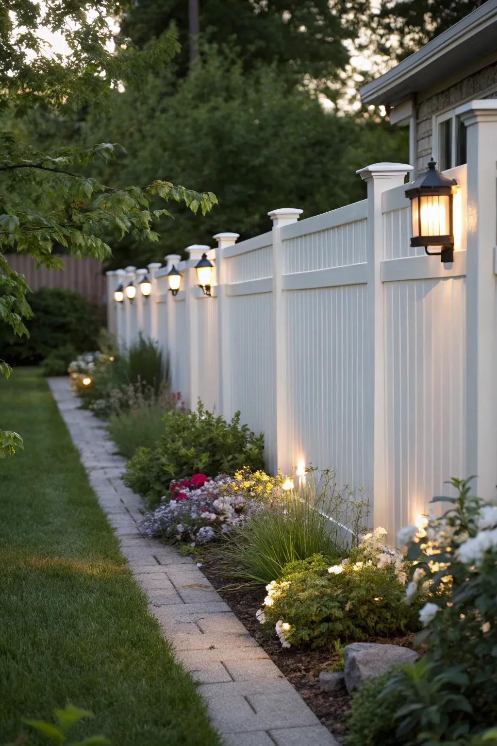 Built-in lights on a white fence create a magical mood at night.