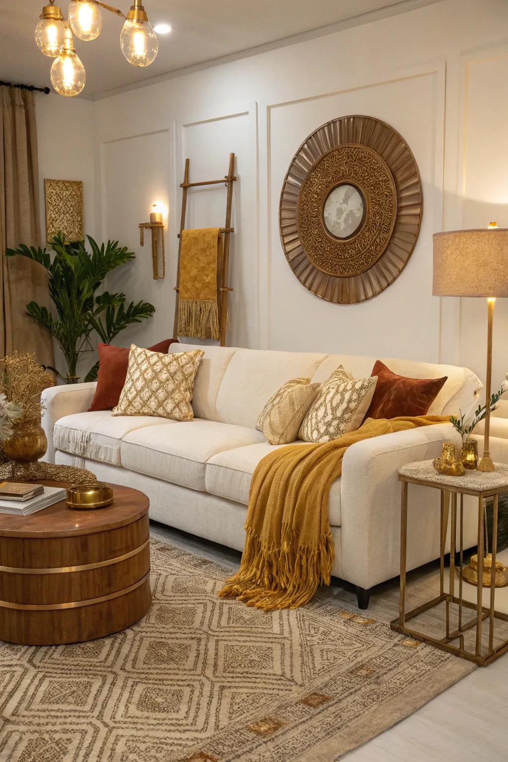 Warm-toned accents add measurement to a living space that features a white modular sofa.