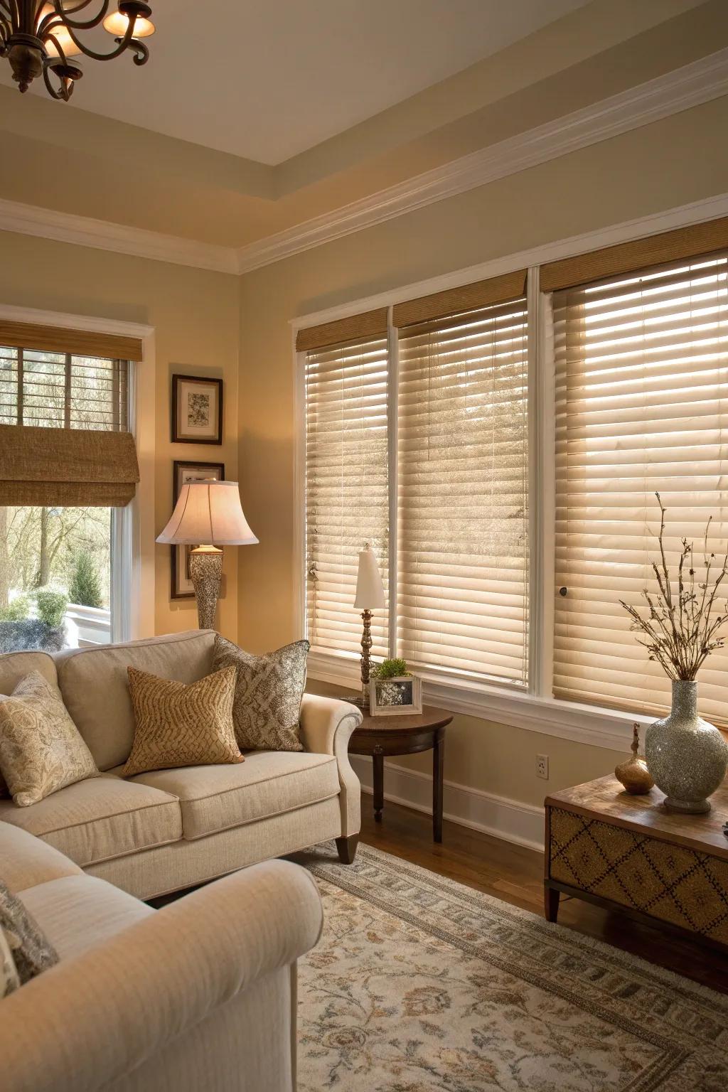 Matching blinds and decor accents for a cohesive living room design.