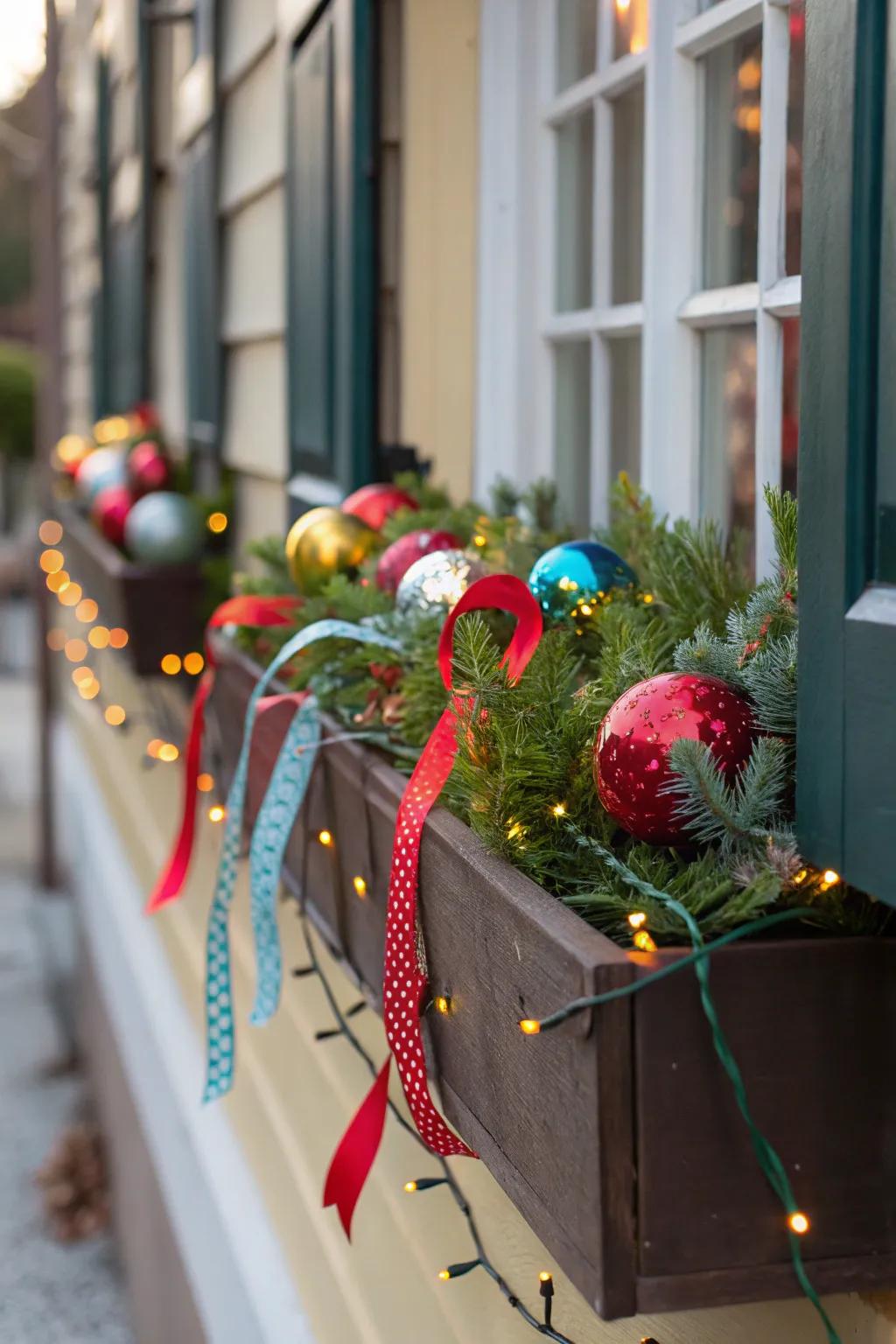 Holiday happiness with festive decorations in a window box