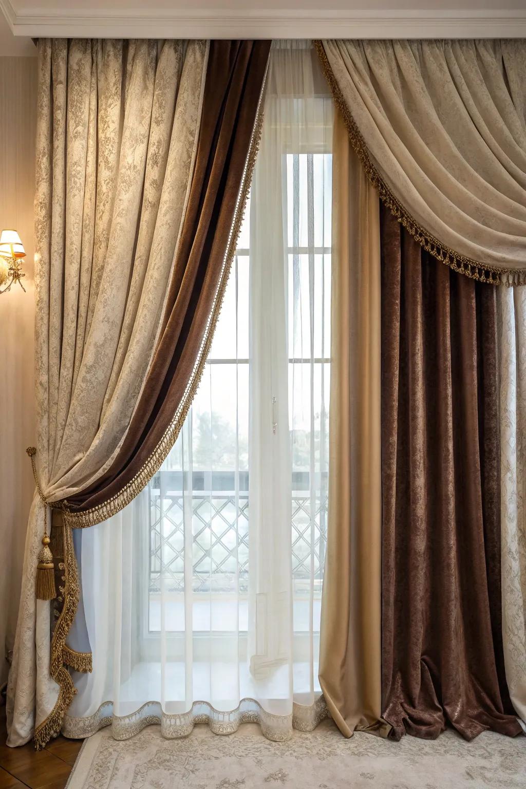 Varied materials of plush and silk add luxury to this window.