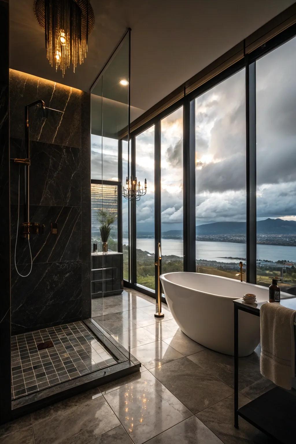 Floor-to-ceiling windows make a dramatic declaration inside the shower.