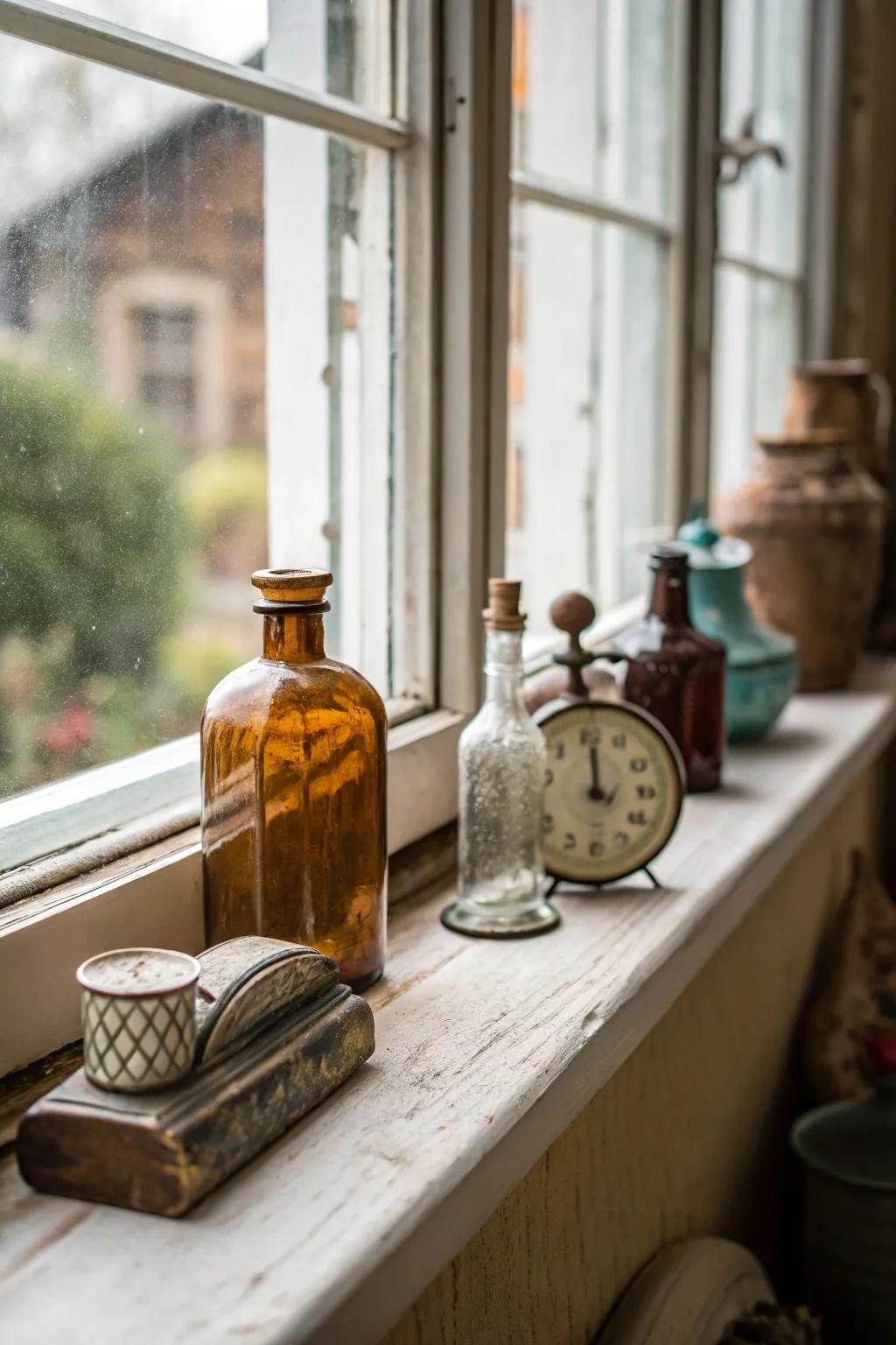 Vintage finds inject allure and a narrative to the windowsill.