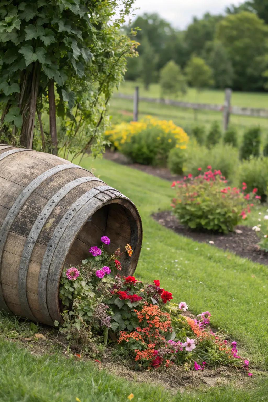 A playful tipped barrel creating a spill of flowers.