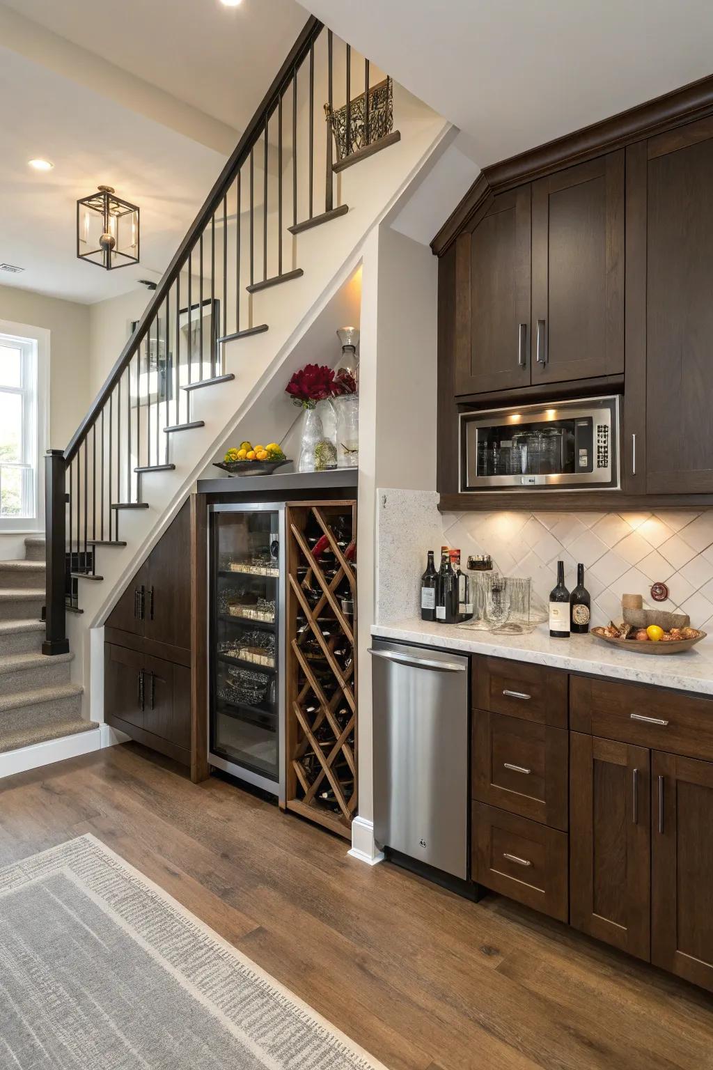 An under-stair wine nook turns unused area into a standout feature.