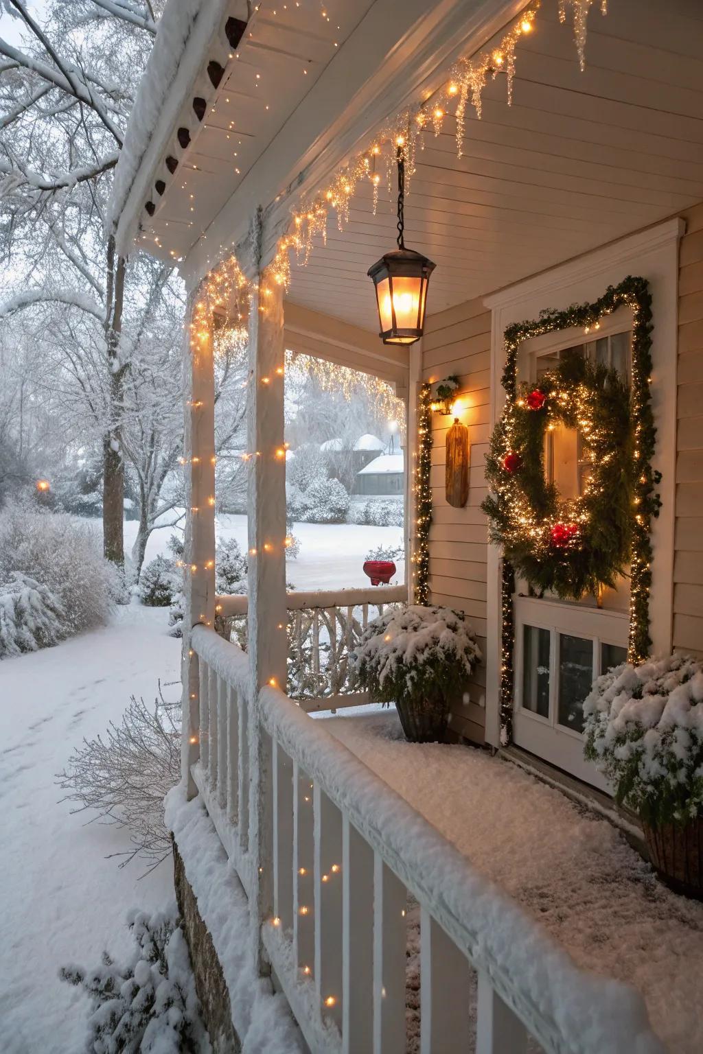Simulated snowfall appends a frosty element to this winter porch.