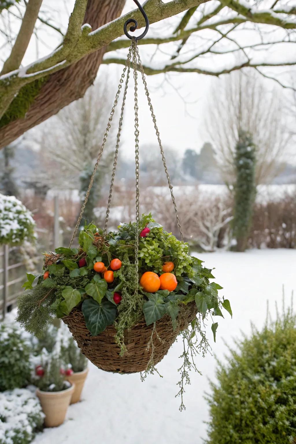 Faux fruit provides a playful and vibrant touch.