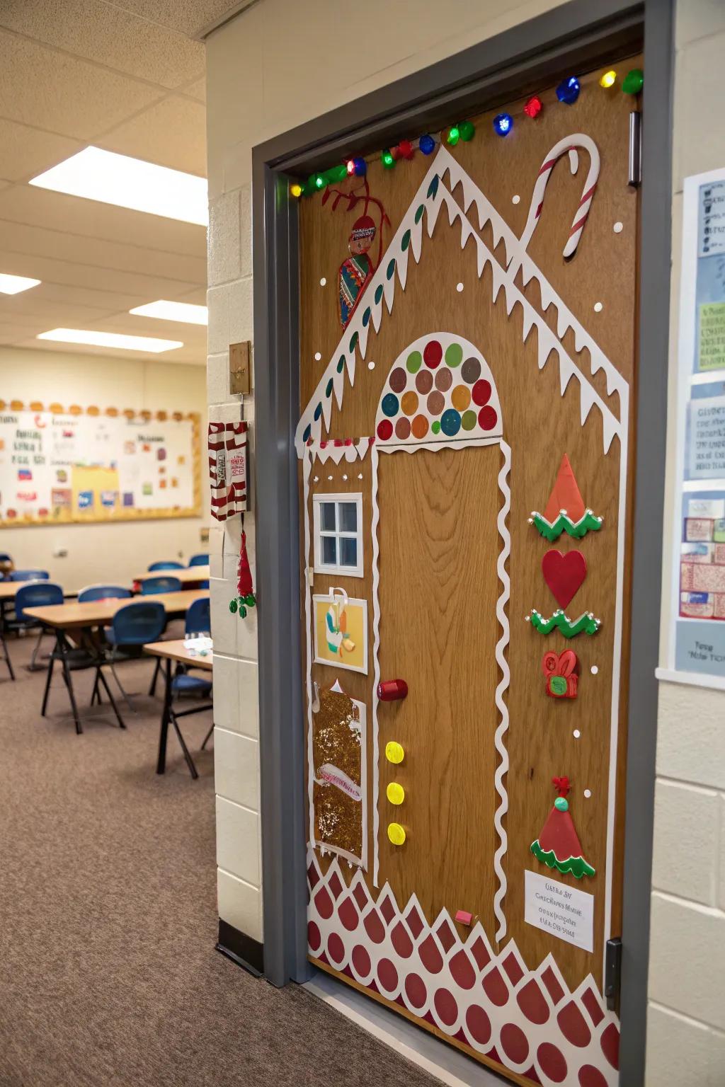 A delightful and celebratory gingerbread dwelling entryway.