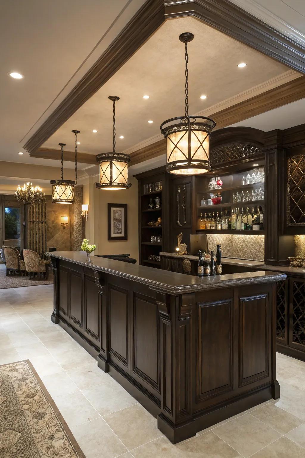 A dark wood bar making a striking elegance.