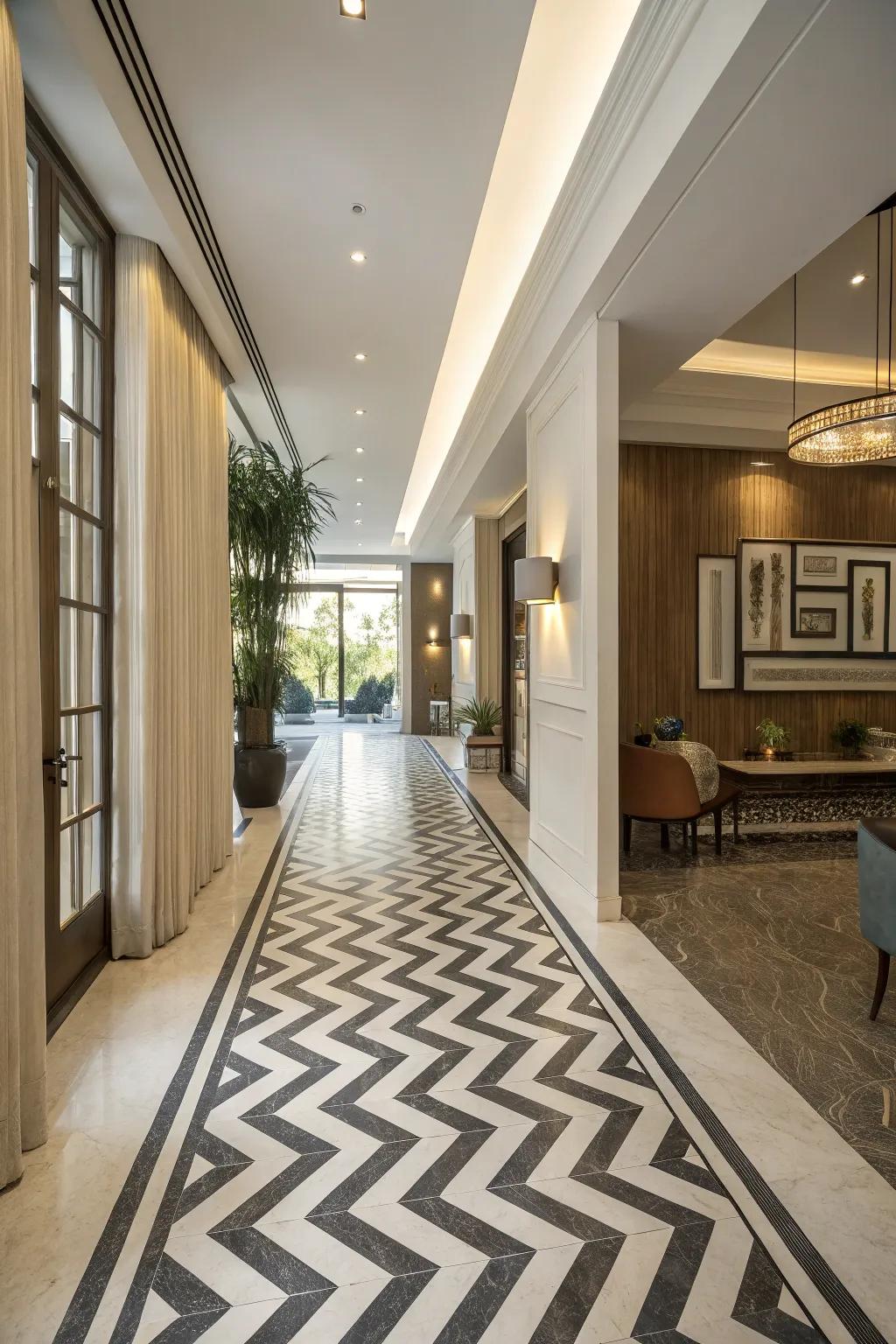 Chevron designs direct the gaze and inject elegance into floor transitions.