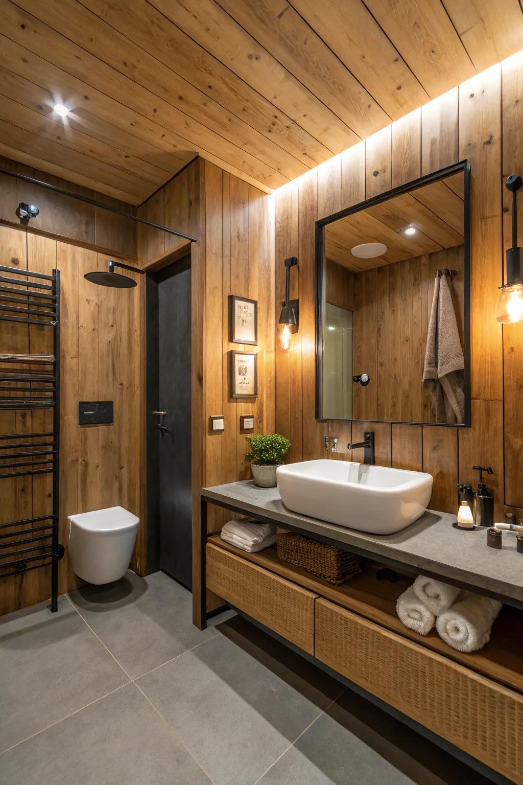 Wood paneling adds warmth and texture to bathrooms.