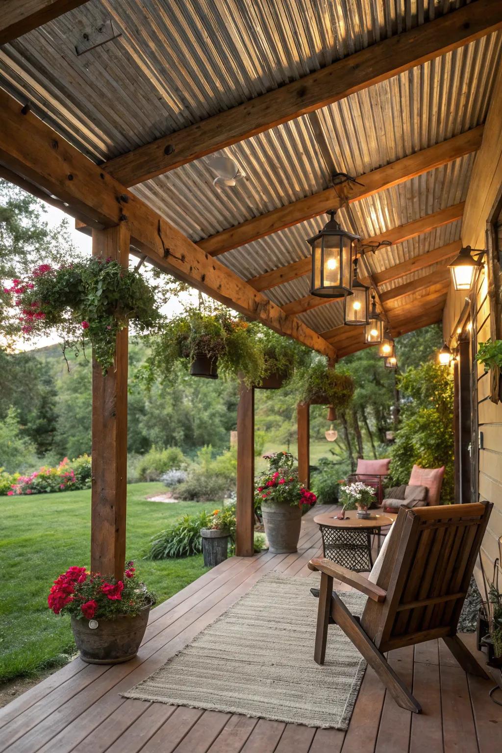 A rustic timber patio shelter featuring a charming metal roof.