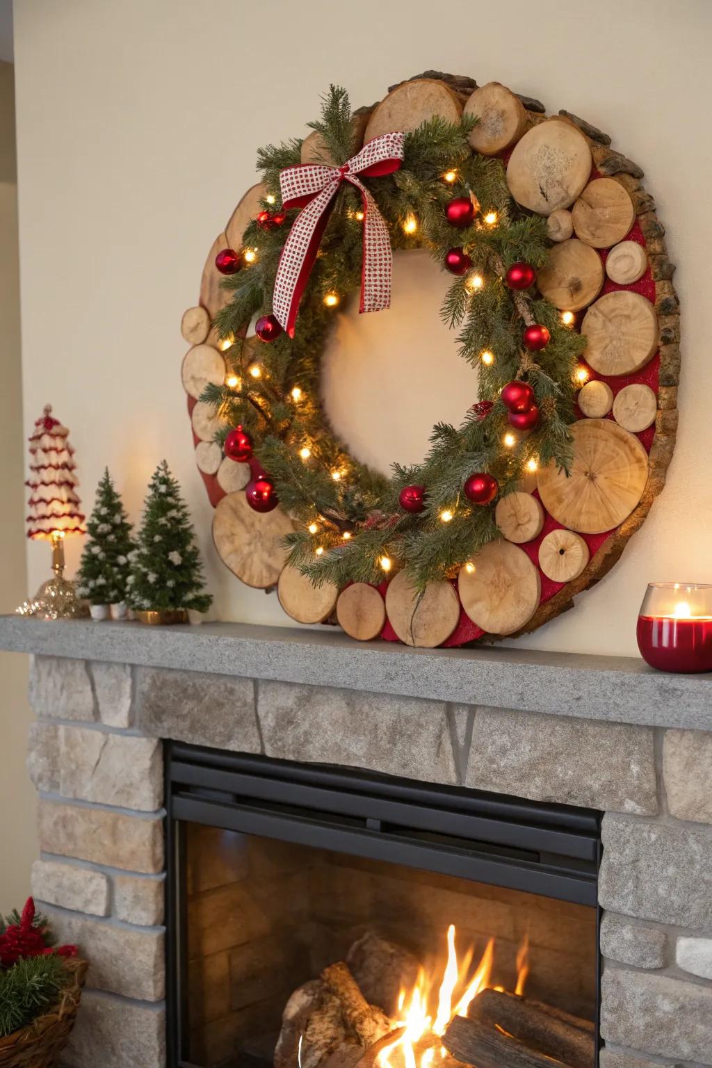 Celebratory wood rounds wreath planned to convey holiday merriment.