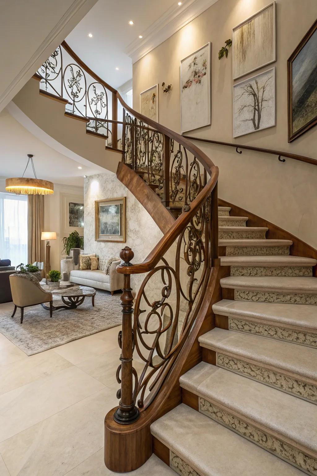 Artistic impact: sculpted grab-rails in wooden railing.