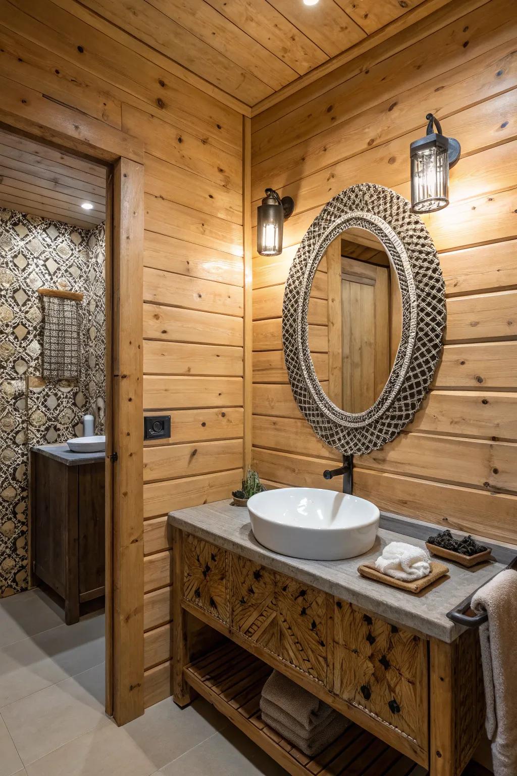 A unique reflection adds style in this wood-walled bathroom.