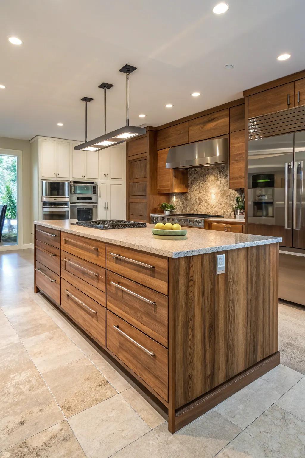 A kitchen showcasing a timber panel-wrapped island.