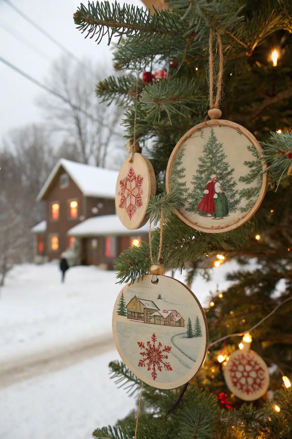 Vintage holiday card scenes repurposed on wooden ornaments.