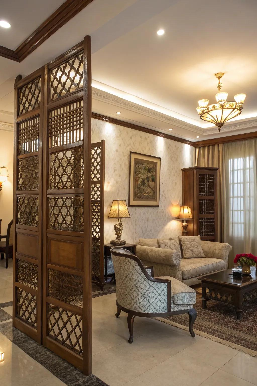 Latticework on wood screens injects sophisticated charm into this lounge.