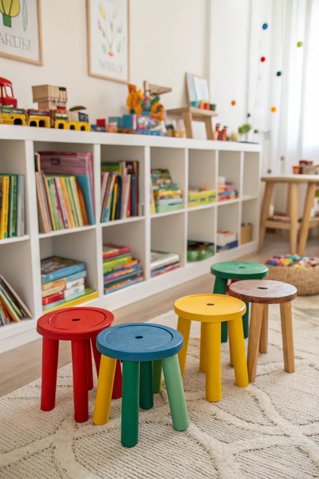 Stools painted in vibrant colors bring a sense of fun to a children's play area.