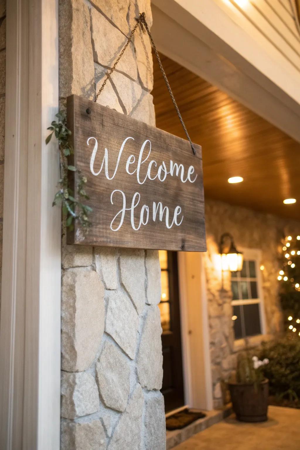 A home-style sign that warmly welcomes guests into your home.