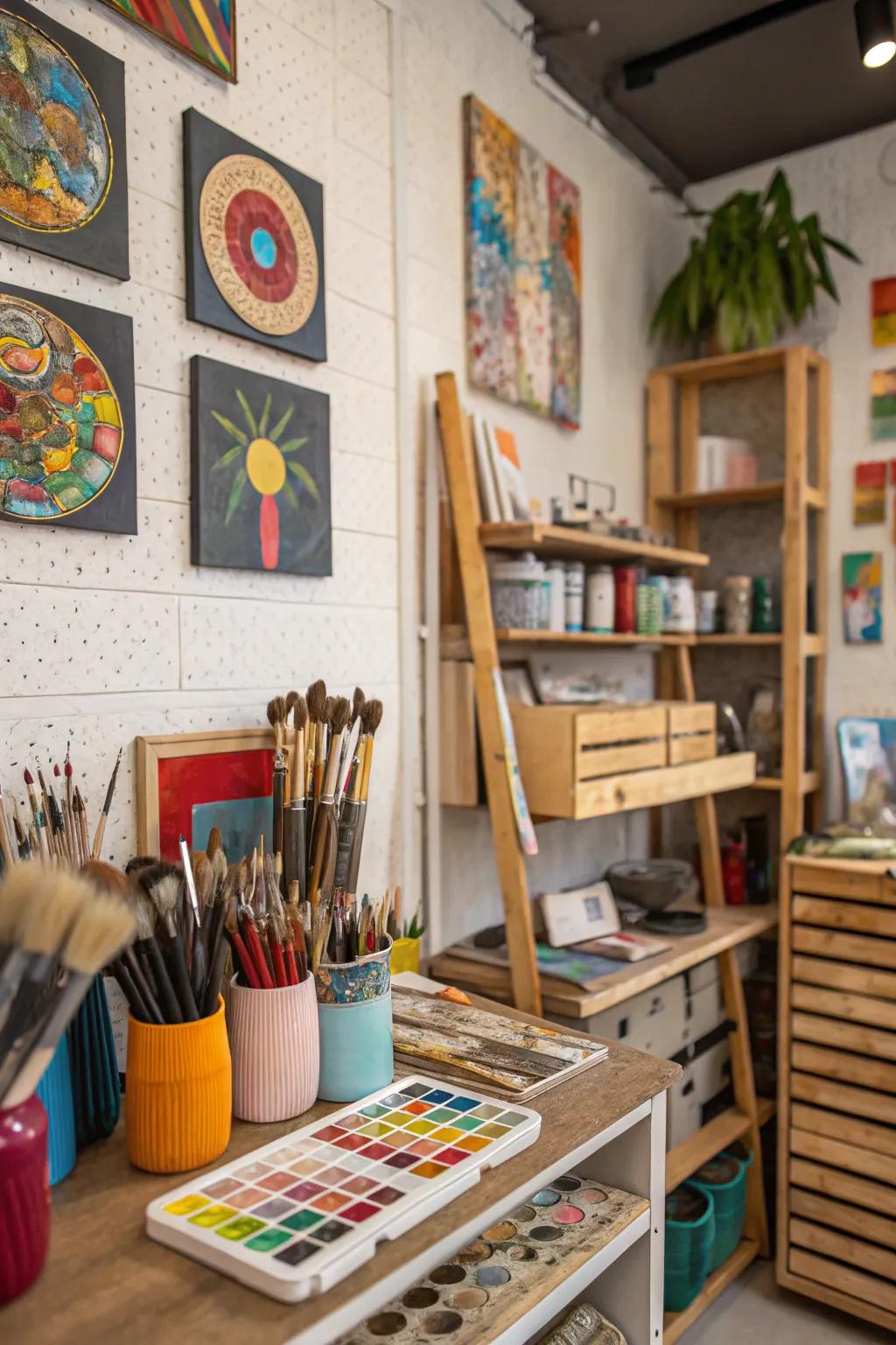 Art tools blend into the studio's decor seamlessly.