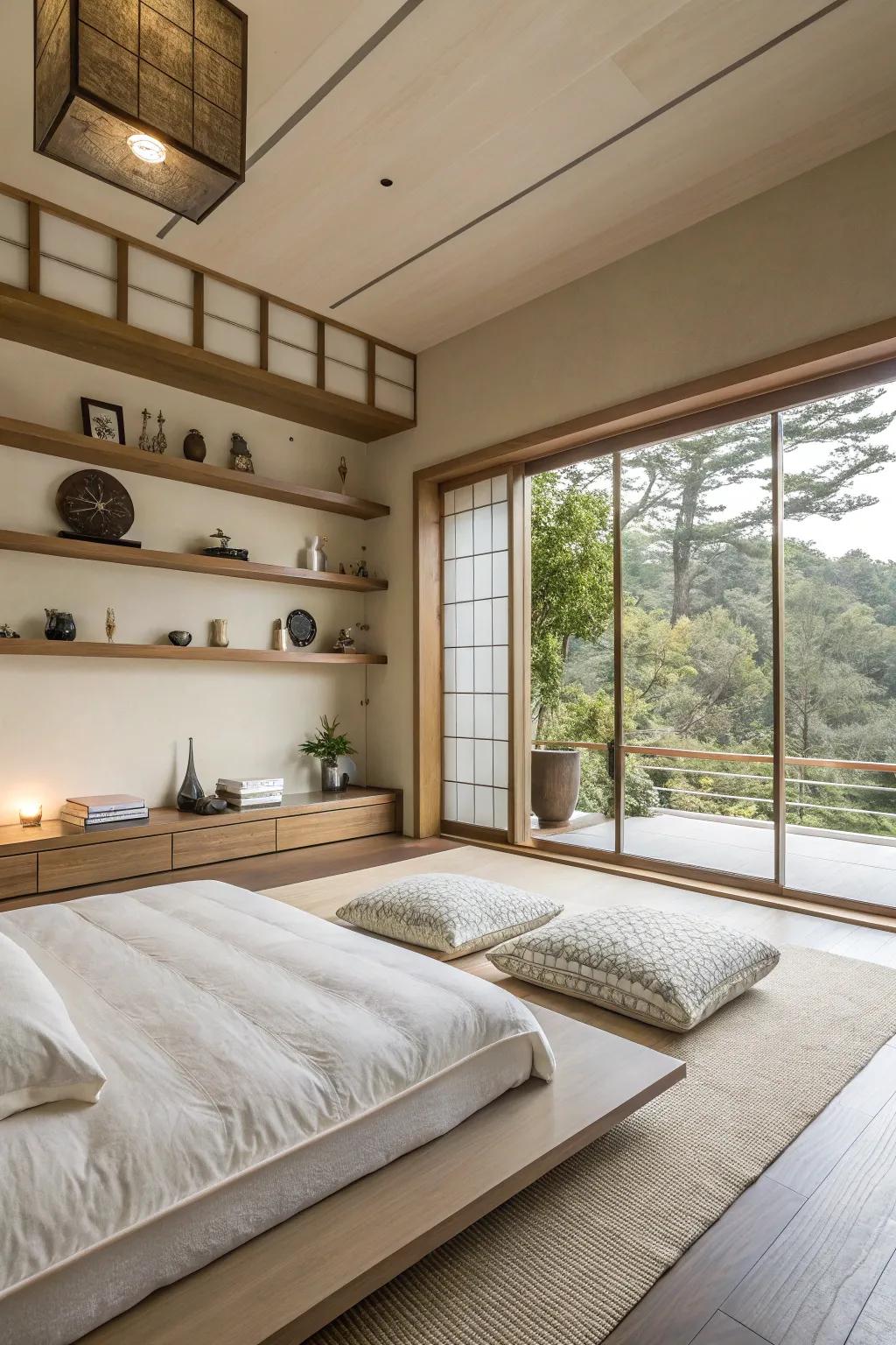 Wall-mounted furniture keeps the area spacious and uncluttered.