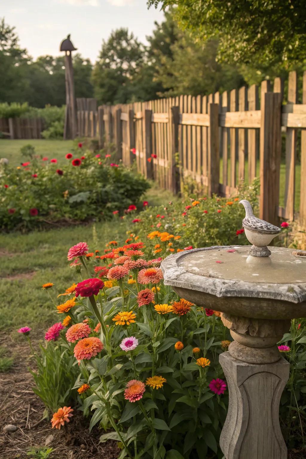 Farmhouse charm in a zinnia garden featuring a wooden barrier and birdbath.
