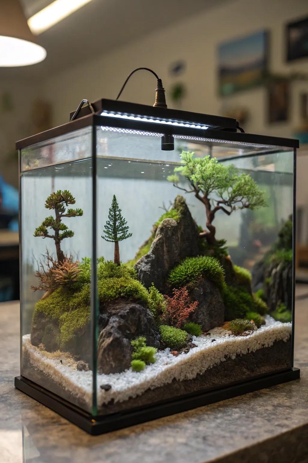 Miniature landscapes present an endearing and meticulous aquarium layout.