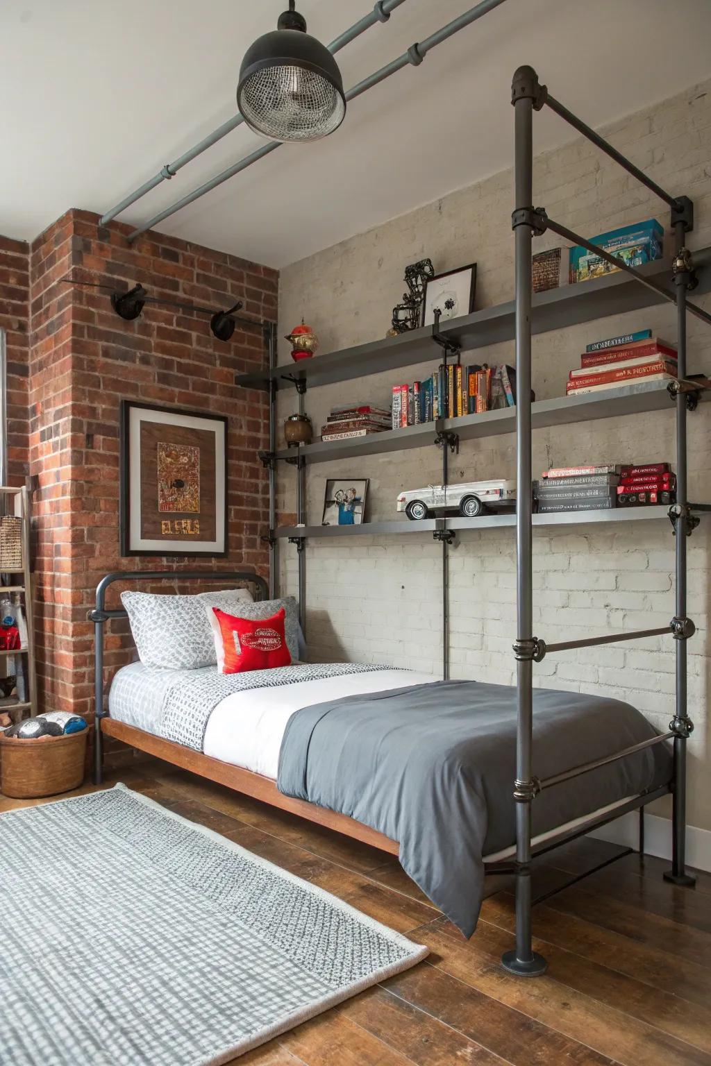 Factory style adds a modern and edgy feel to a boy's bedroom.