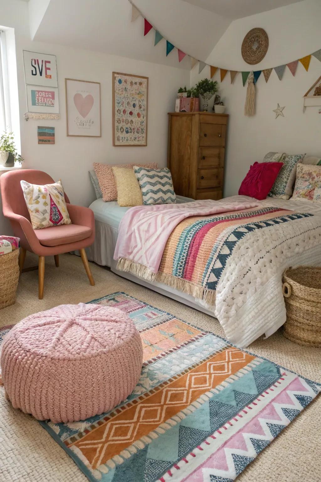 Layered materials impart warmth and a tactile experience to the bedroom.