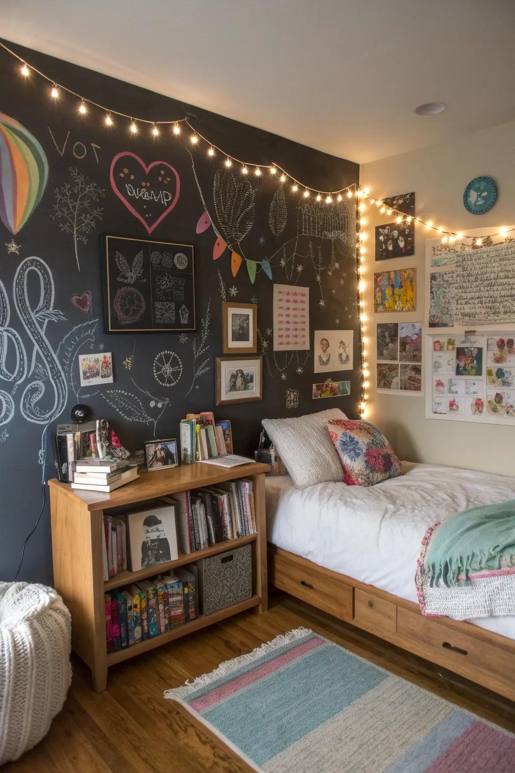 A multiuse chalkboard wall to foster creativity.