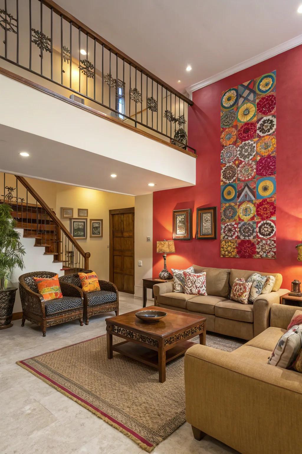 A daring accent wall infuses dynamism into the area.