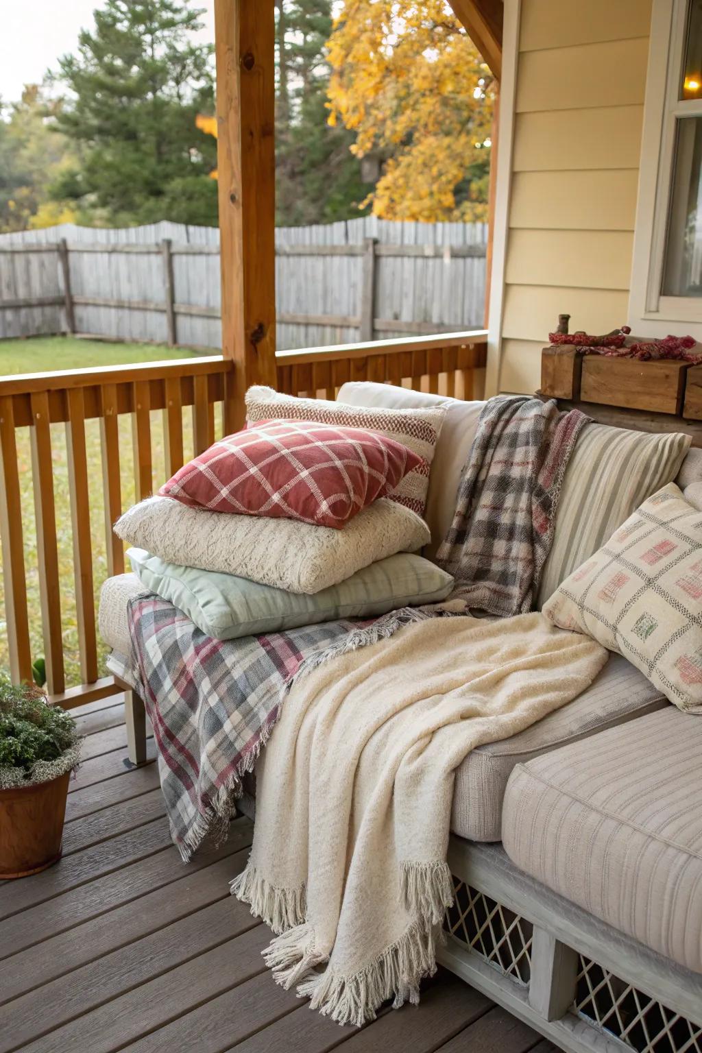 Fabrics adding warmth and texture to the porch seating.