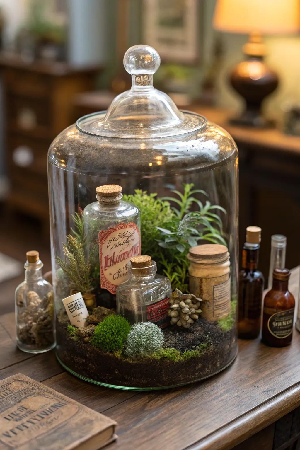 A classic terrarium with a mix of old-world charm.