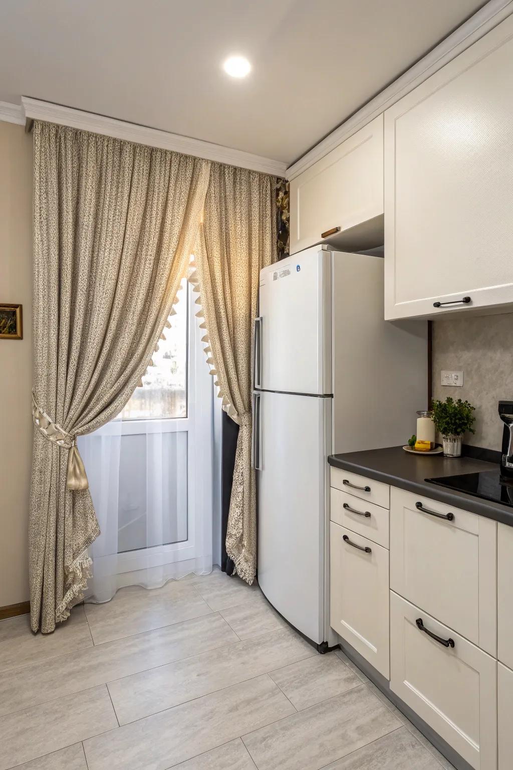 A drape elegantly conceals the area over the refrigerator.