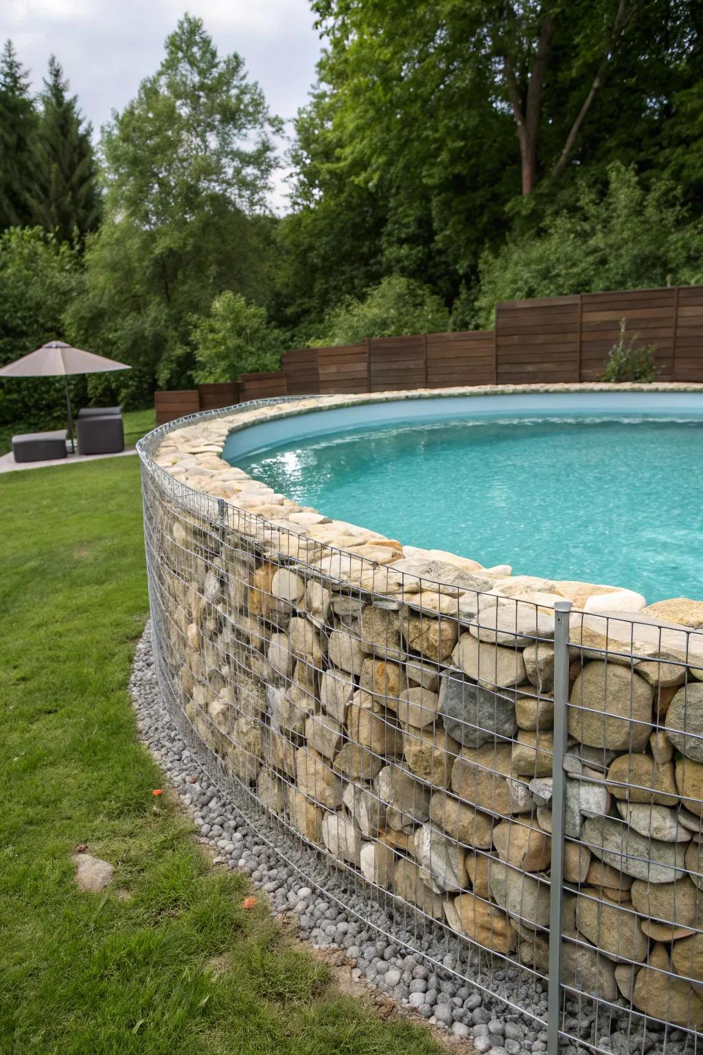 Gabion walls offer a bold and industrial touch to pool privacy.