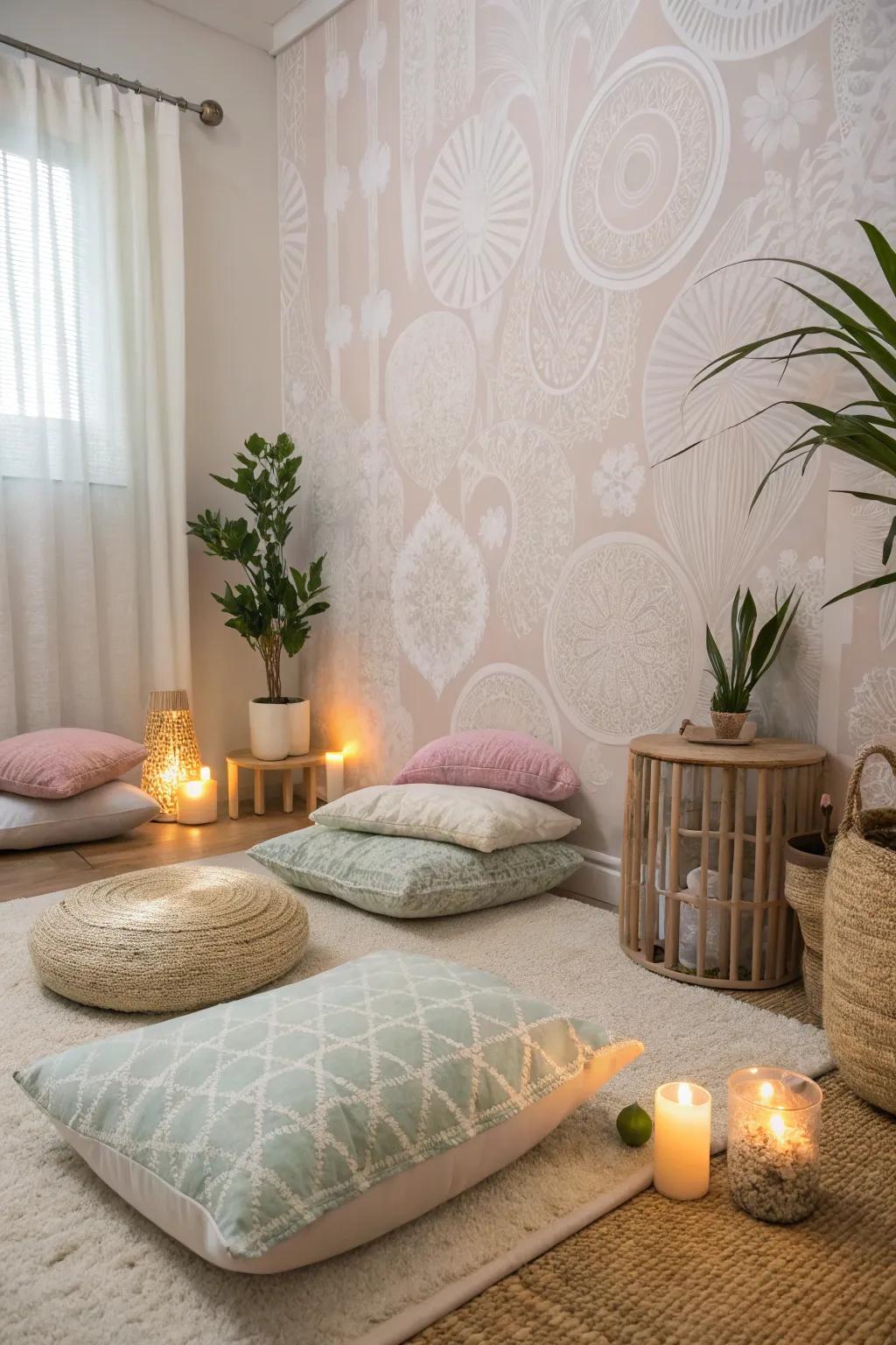 Calm pastel wallpaper creates a tranquil meditation corner.