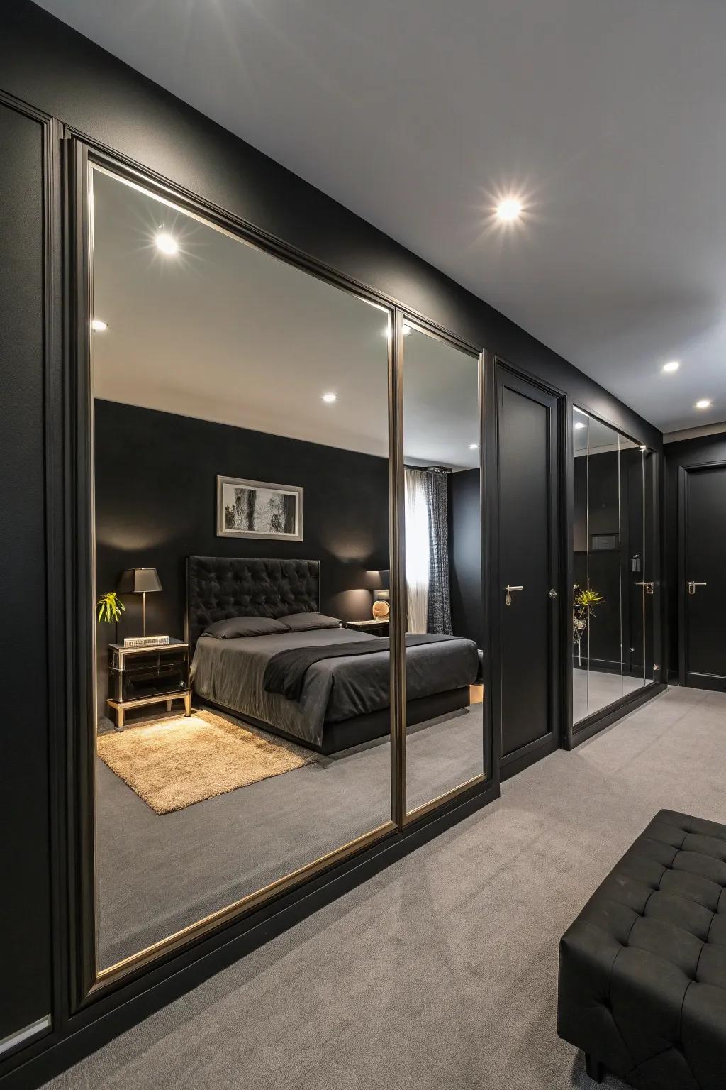 A black bedroom with strategically placed glass to enhance space.