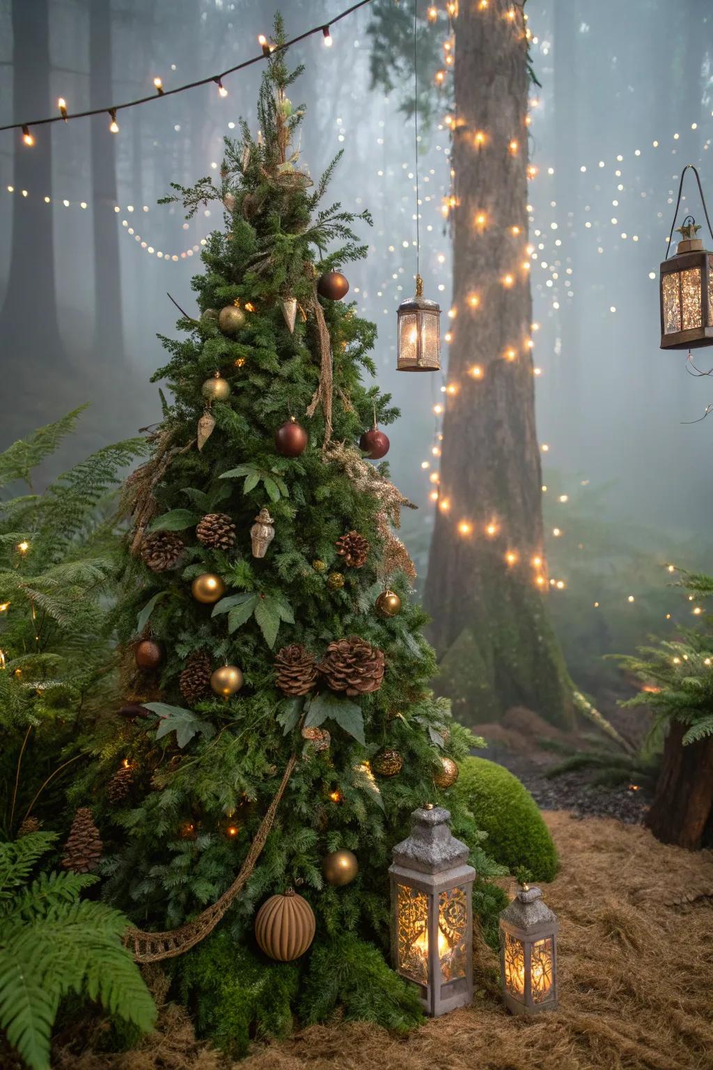 An enchanted forest Christmas tree featuring magical woodland elements.