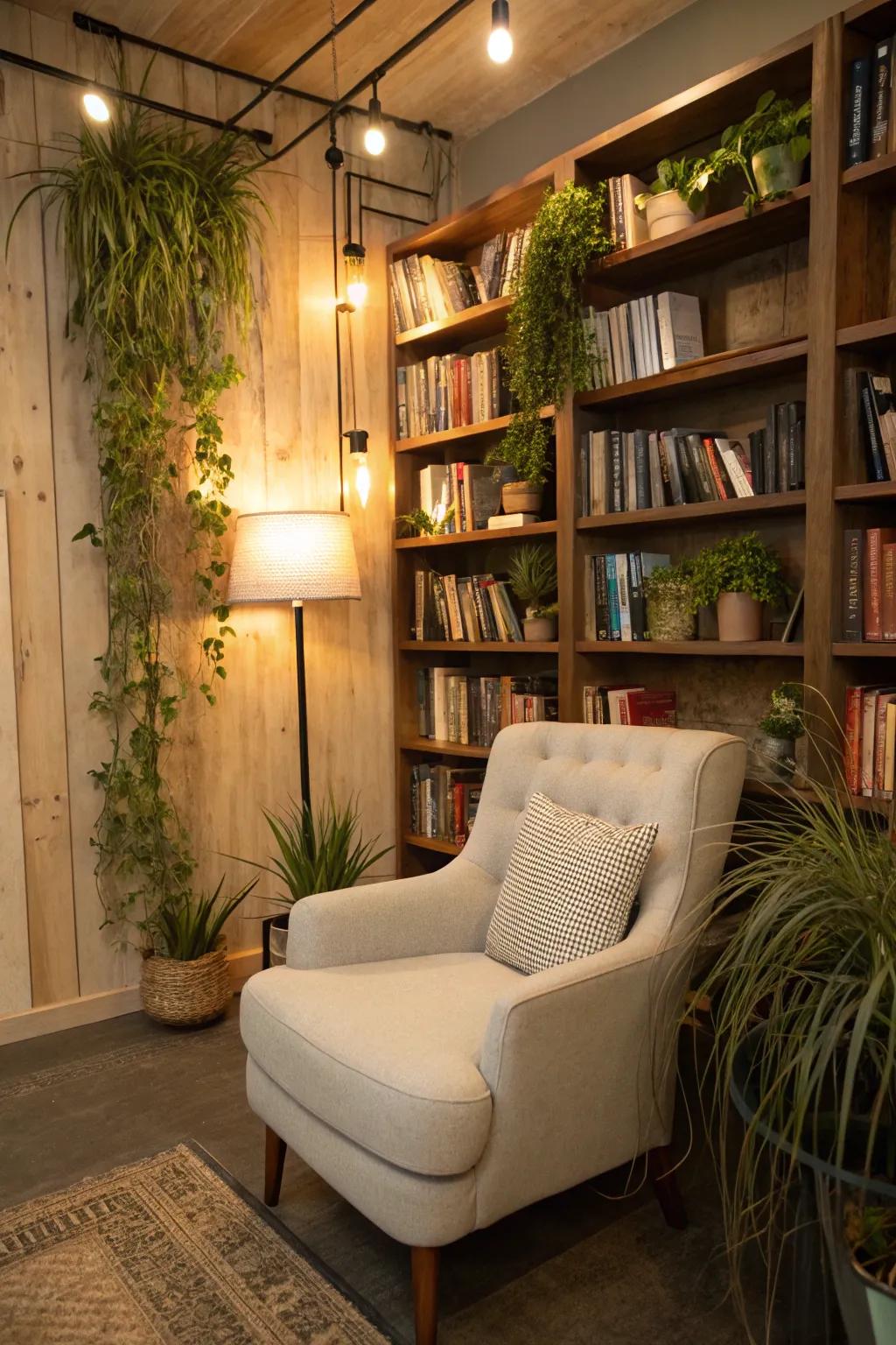 Air plants nestled among books on a shelf.