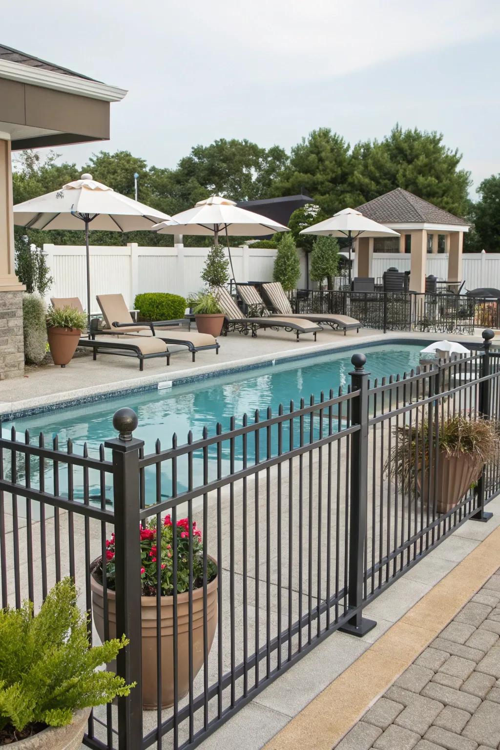 Aluminum fences infuse protection and elegance to pool vicinities.
