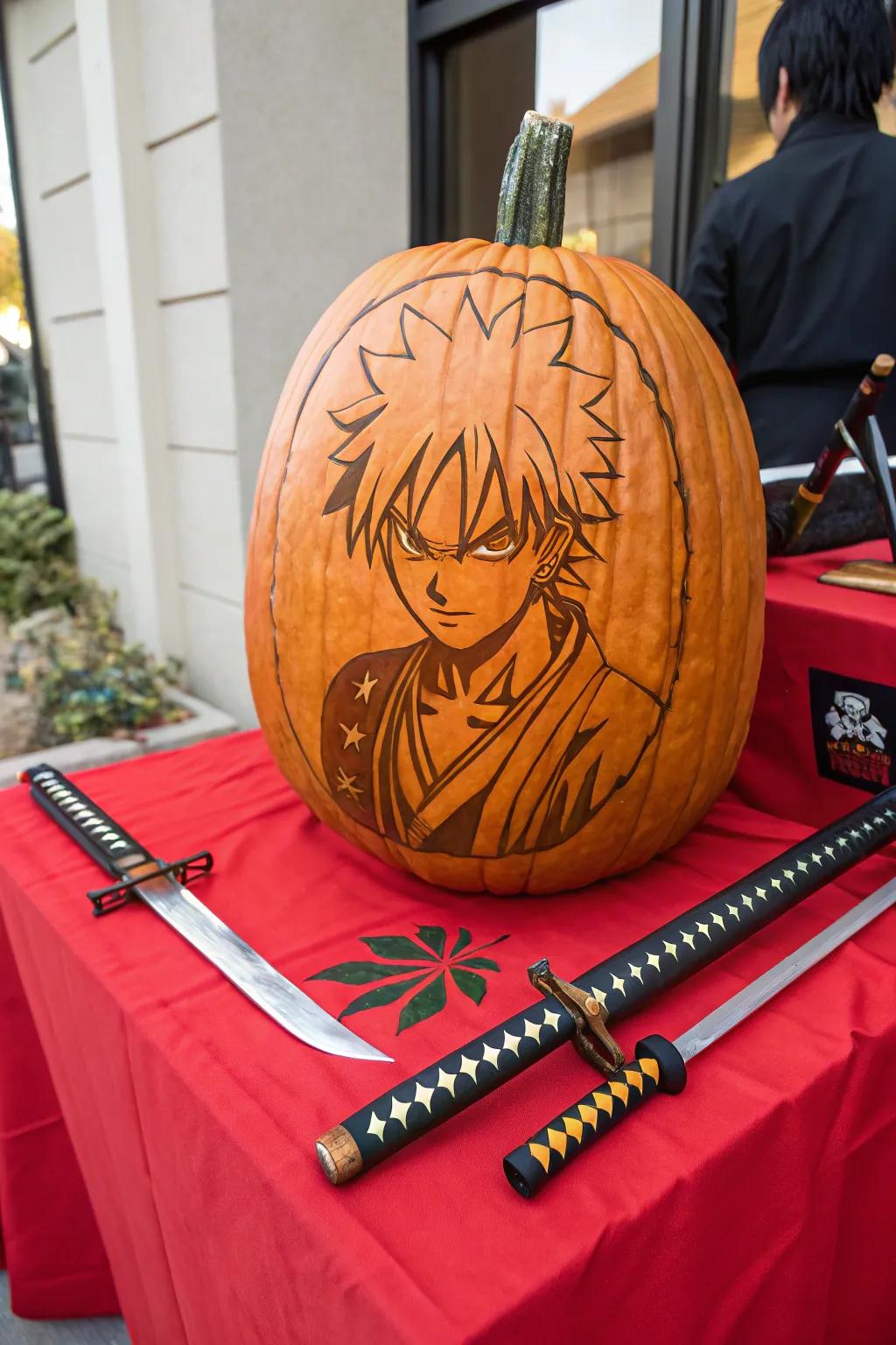 Honor your favored anime champion with a sculpted pumpkin homage.